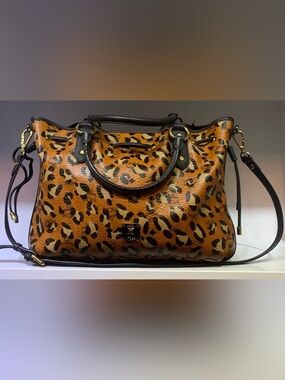 MCM Leopard-Print Satchel in Cognac and Black